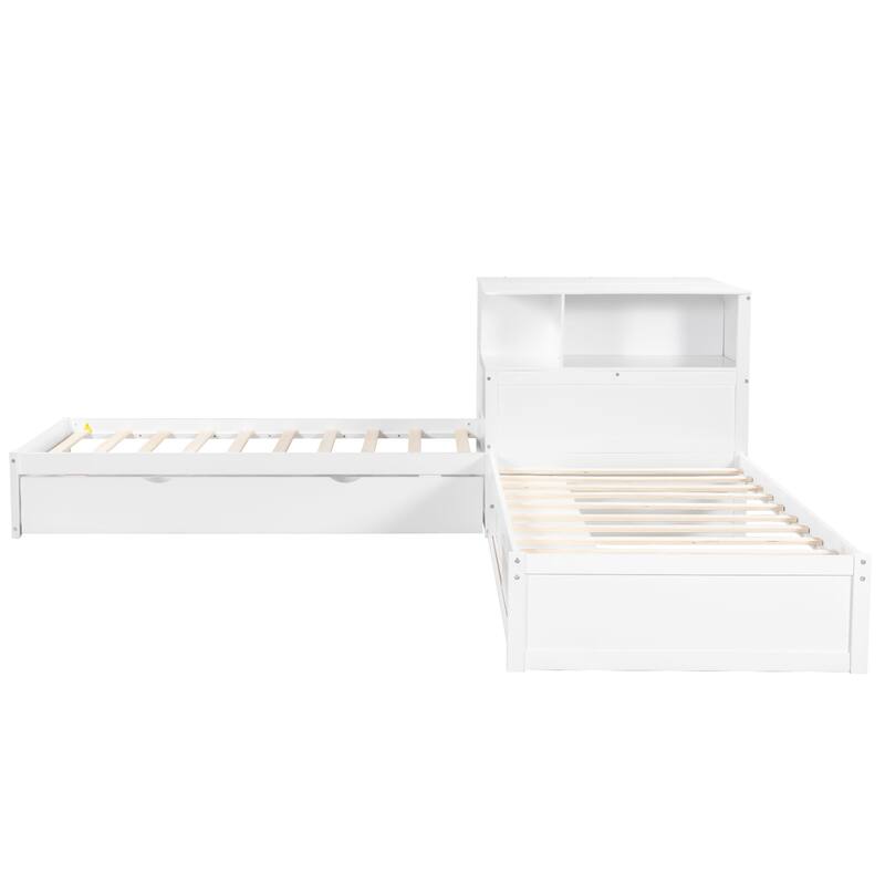 Twin Size L-shaped Bed Frame with Trundle Bed and Storage Cabinets, Desk, Lighting, Corner Platform Storage Bed Frame