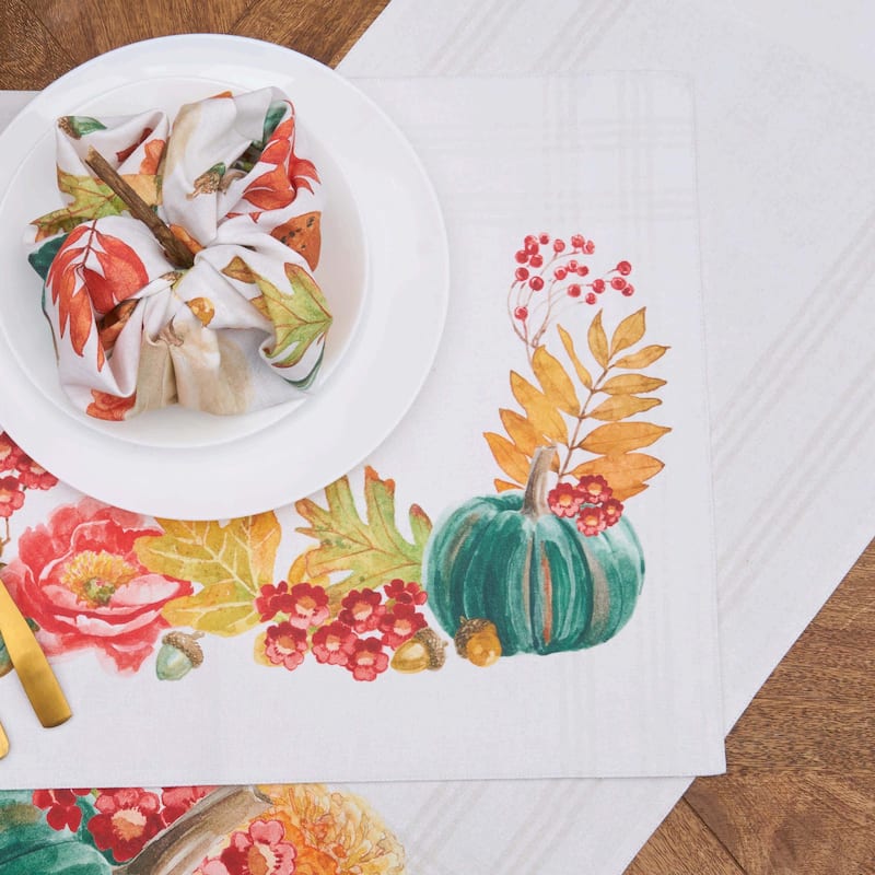 Harvest Teal Pumpkin Floral Flower Leaves Cloth Placemats Set of 6 Autumn, 14" x 20" - Beige