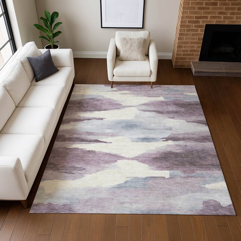 Machine Washable Indoor/ Outdoor Abstract Watercolor Chantille Rug
