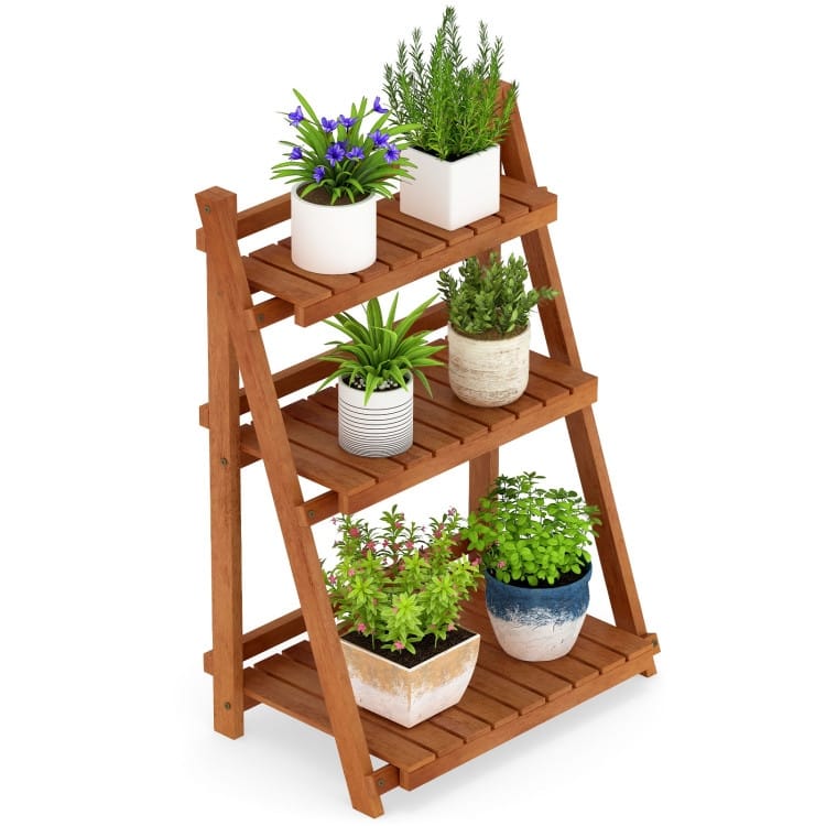 Natural Solid Wood 3-Tier Ladder Plant Stand Foldable Display Rack - 24" x 15" x 34"