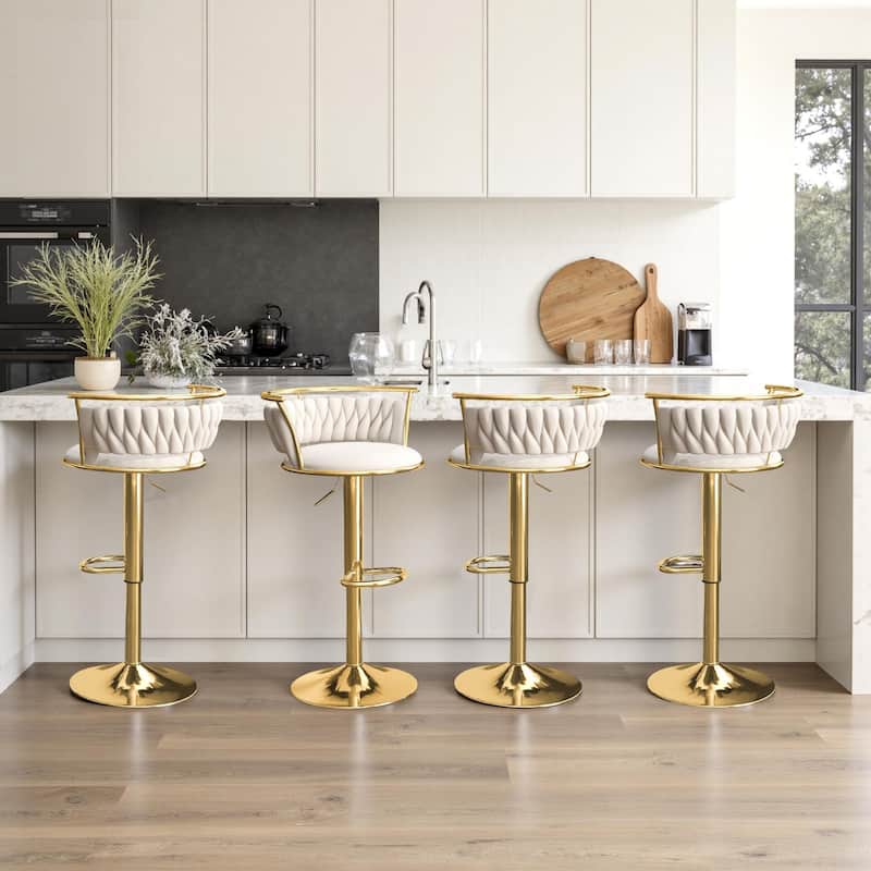 4 Set Modern Velvet Adjustable Swivel Bar Stools with Metal Frame - Gold/Ivory