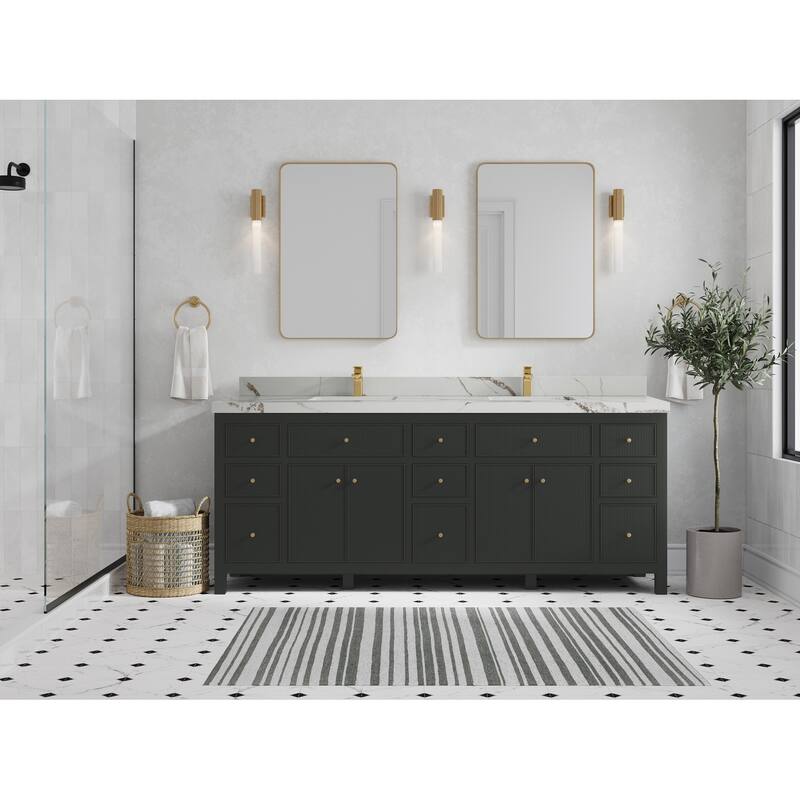 Willow Collections 84 in. W x 22 in. D Sonoma Free Standing Reeded Double Sink Bathroom Vanity with Countertop - 2" Calacatta Gold - Black top