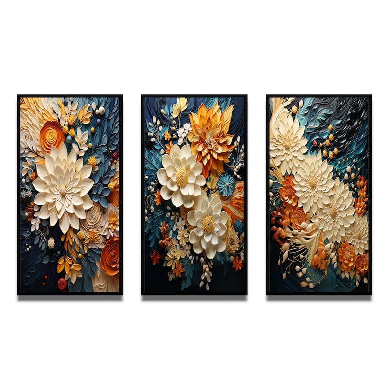 Designart "Orange Teal Botanical Whirlwind IV" Abstract Framed Wall Art Set Of 3 Frame Gallery Wall Set For Home Decor