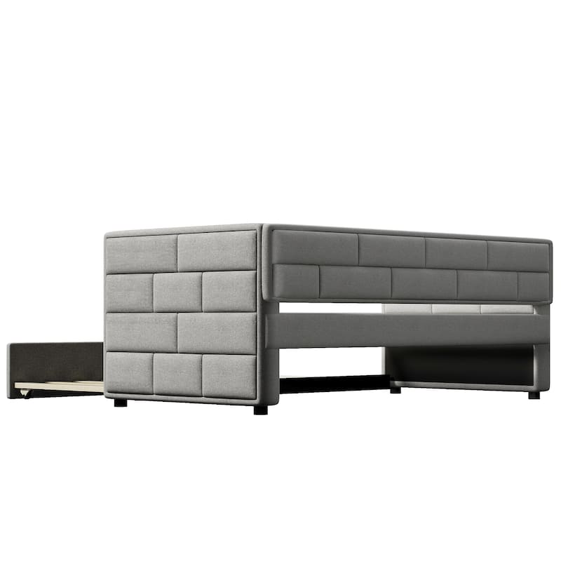Roomfitters Twin Size Upholstered Daybed with Trundle and Padded Backrest, Gray