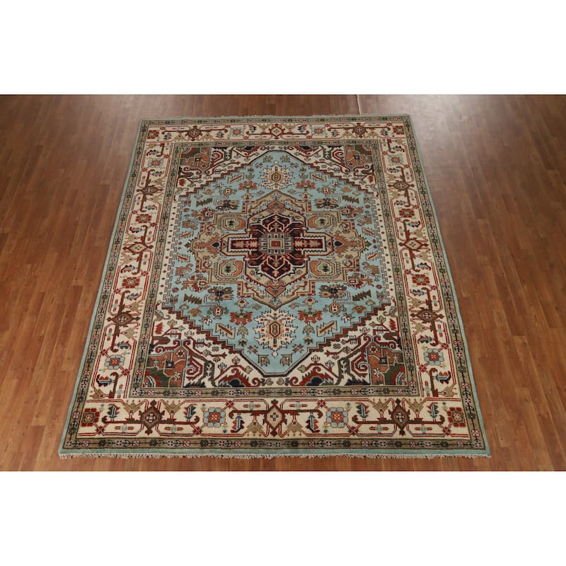 Light Blue Geometric Heriz Serapi Indian Rug Hand-Knotted Wool Carpet - 8'0" x 9'9"