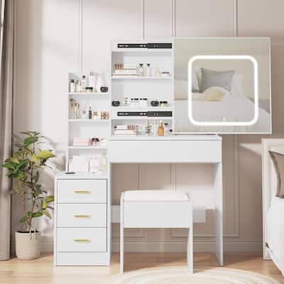 Vanity Desk with Mirror and LED Lights, Makeup Vanity Desk with Sliding Lighted Mirror