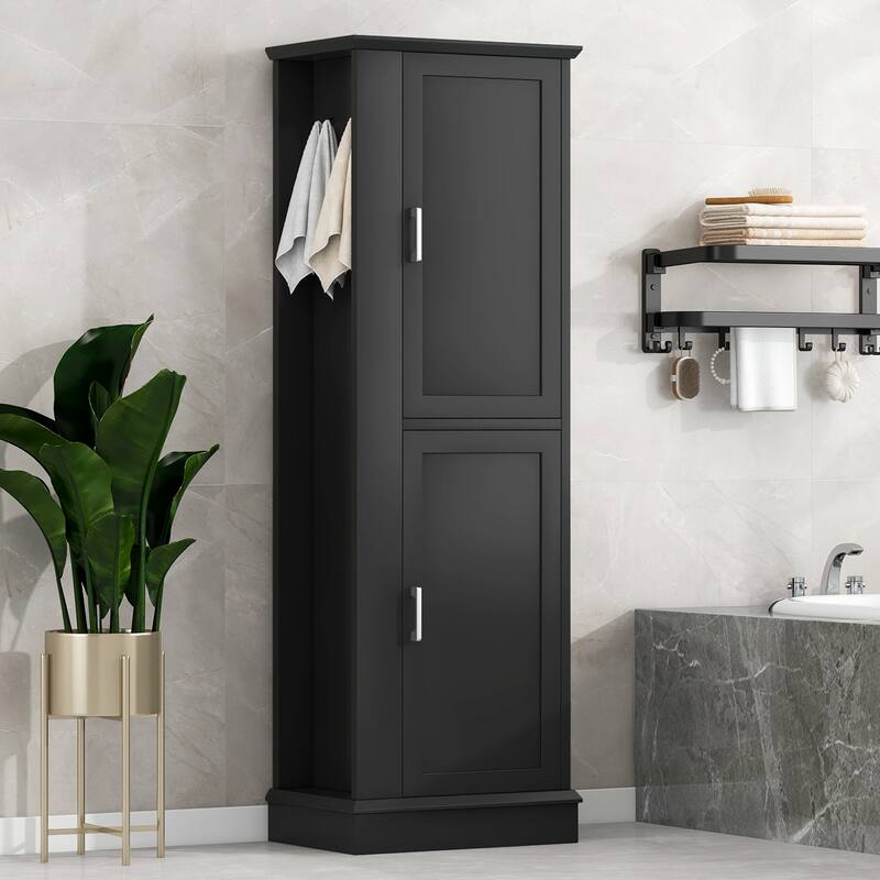 GDFStudio - Arden Tall Freestanding Bathroom Storage Cabinet with Hooks and Adjustable Shelves