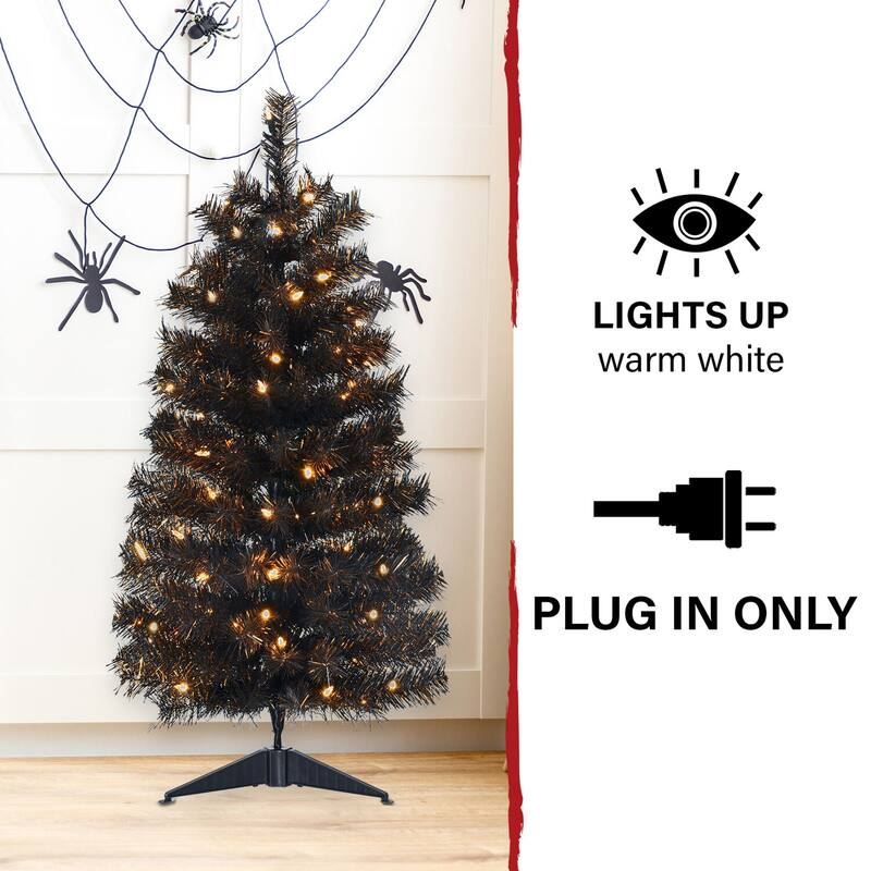 Haunted Hill Farm 3-Ft. Spooky Black Tinsel Tree, Warm White LED Lights