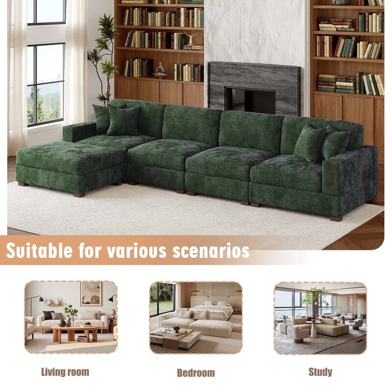 Oversized Chenille Modular Sectional Sofa Living Room Set with Ottoman