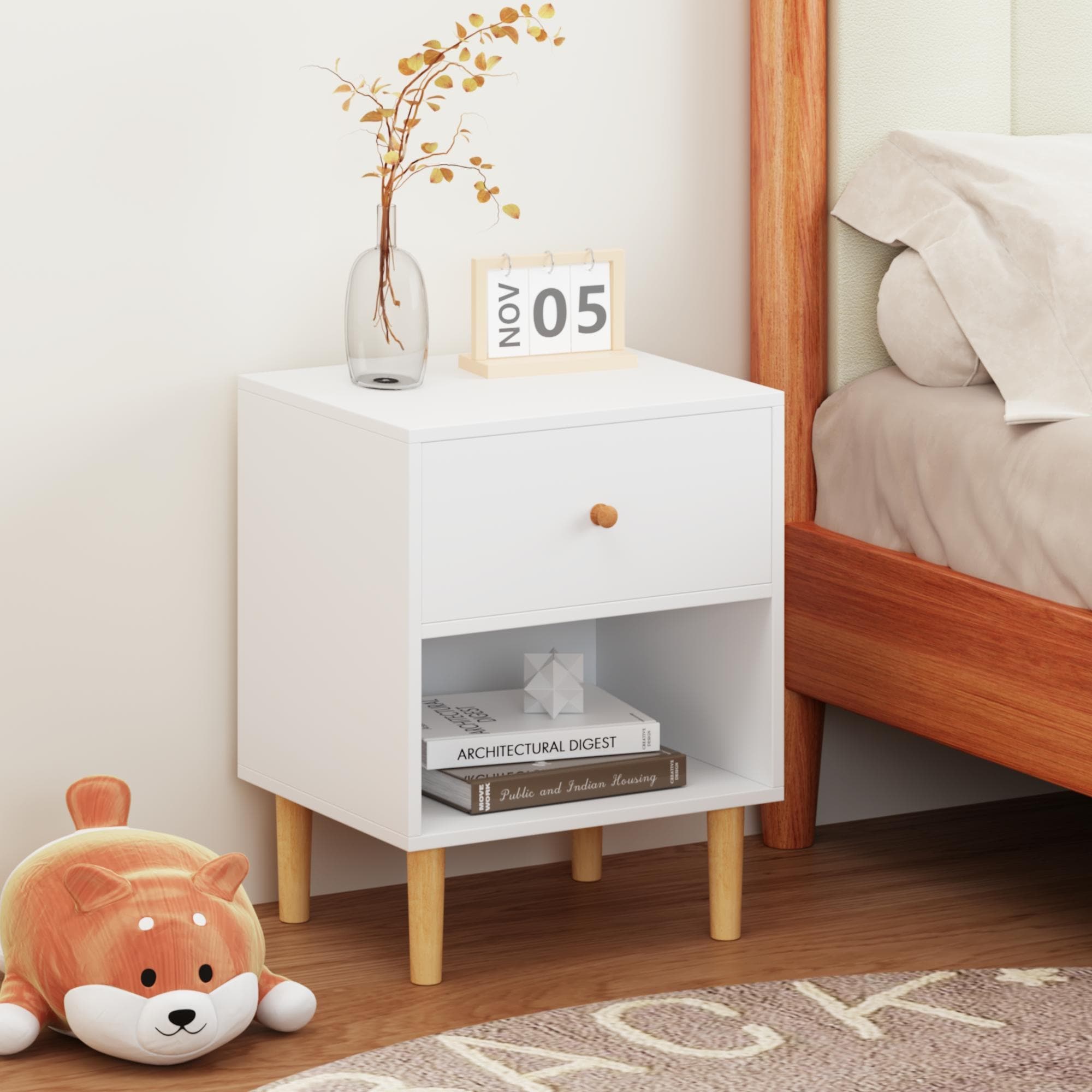 Modern Sofa Side Table Nightstand with Drawer, Bedroom Bedside Table Storage Cabinet with Open Shelf