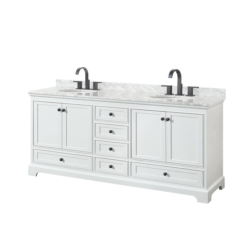 Wyndham Collection Deborah 80" Free Standing Double Vanity Set with - White / White Carrara Marble Top / Matte Black - Painted