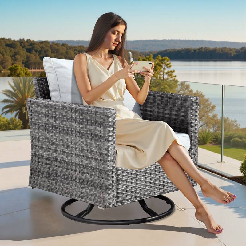XIZZI 8-piece Patio Outdoor Wicker Furniture Swivel Chair Set with Firepit Table