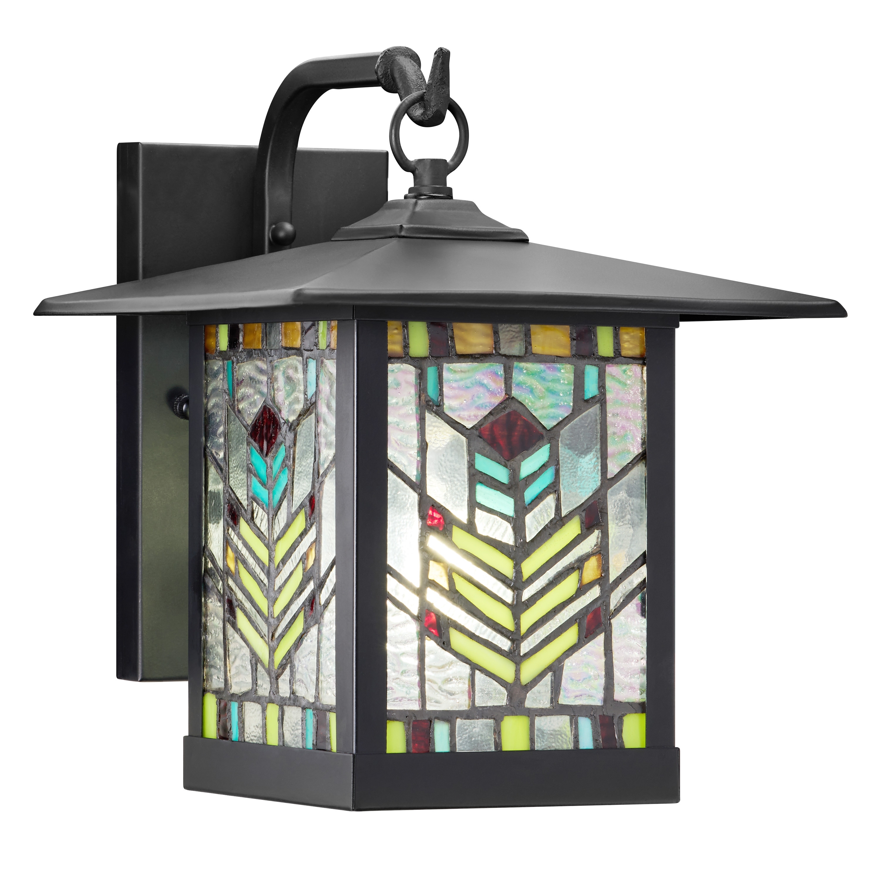 River of Goods Multicolor Tiffany-Style Stained Glass Black 1-Light Outdoor Lantern Wall Sconce - 10.75" x 9" x 11.75"