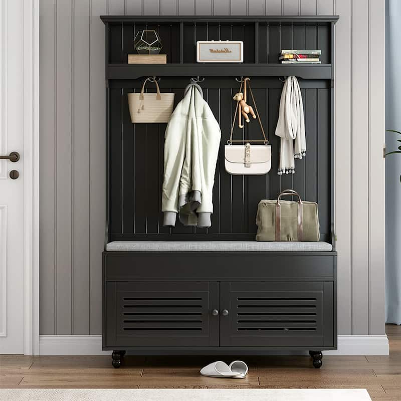 47"W Entryway Hall Tree with Bench & Flip Cabinet & Hanging Hook - 47.2''W x 17.5'' D x 69.1'' H - Black
