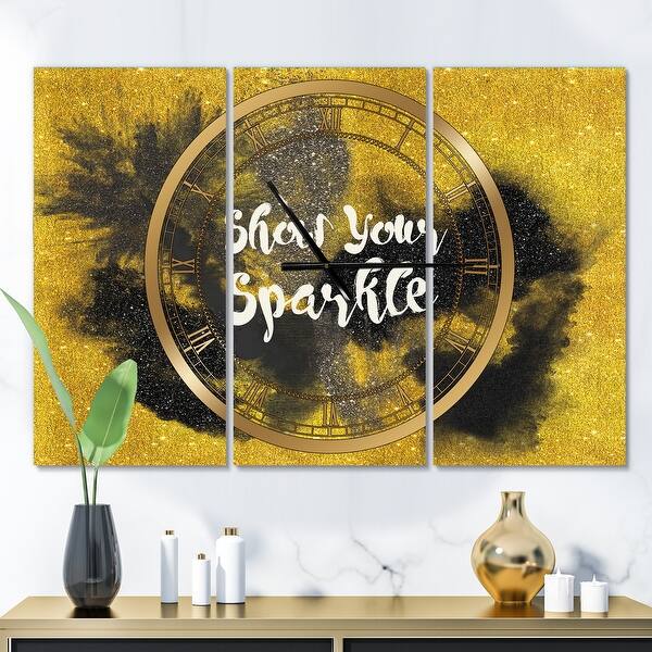 slide 2 of 6, Designart 'Show Your Sparkle Quote Black on Gold' Glam 3 Panels Oversized Wall CLock - 36 in. wide x 28 in. high - 3 panels
