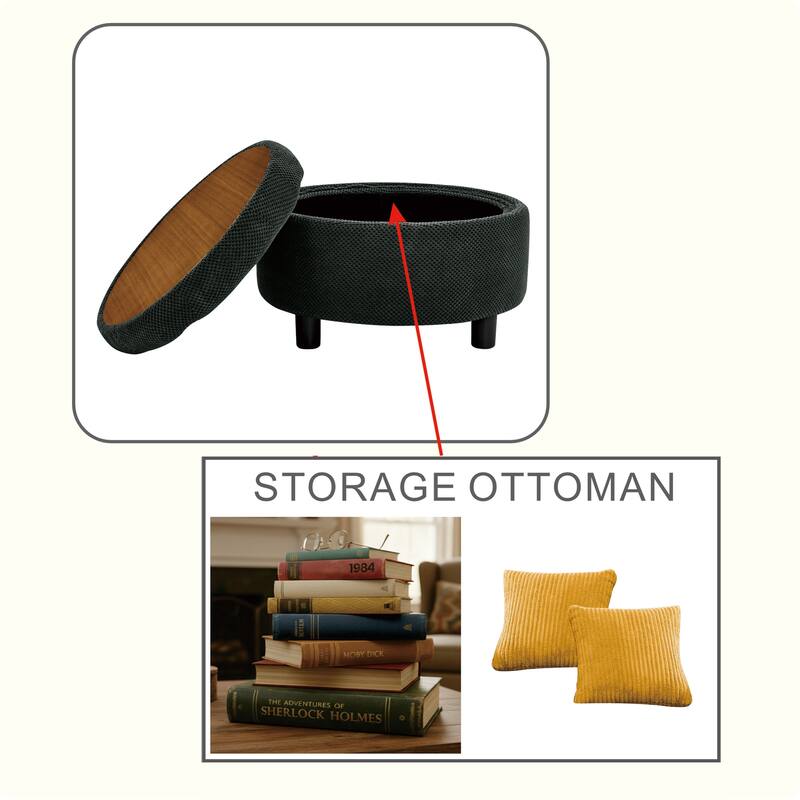 Round Storage Ottoman with Lift-Off Tray and Upholstered Fabric