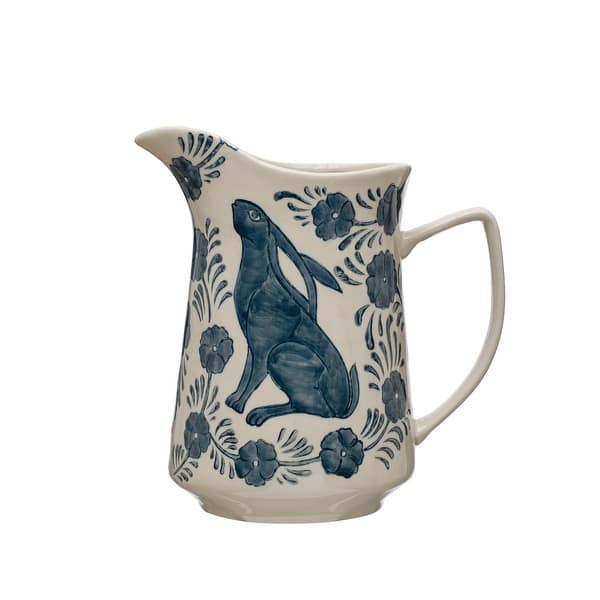 Stoneware Pitcher with Painted Rabbit and Florals - Blue