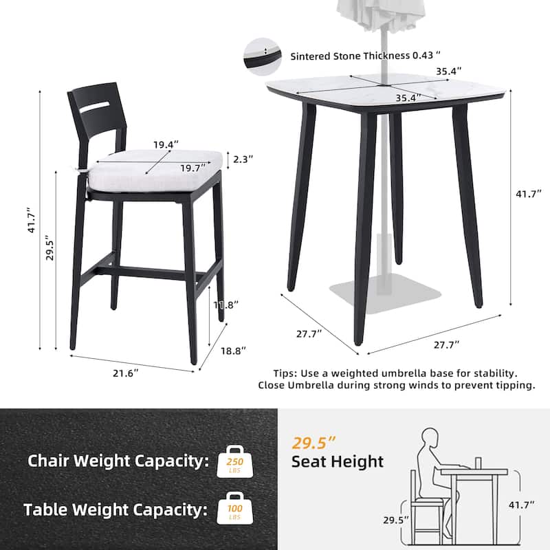 5-Piece Outdoor Patio Aluminum Bar Set with Marble-pattern Tabletop, 4 Bar Stools, and Umbrella Hole