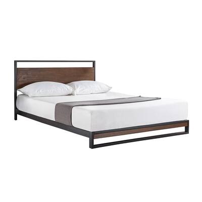 Black Twin Size Metal Wood Platform Bed Frame with Headboard and Cherry Finish