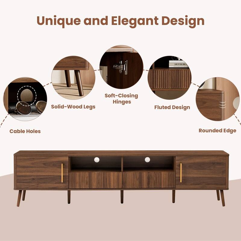 Modern Fluted 78" TV Stand for TVs up to 85", Entertainment Center TV Media Console Table with Doors and Open Shelf