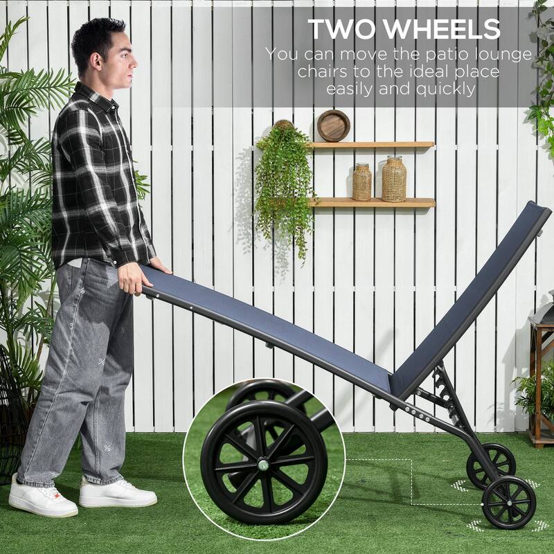 Outdoor Steel Frame Mesh Recliner with Wheels 2-Piece Set