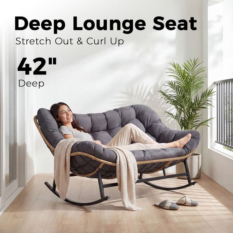 60" Double Papasan Rocking Chair for 2, 700-lb Capacity Wicker Egg Rocker with 5.1" Thick Cushion