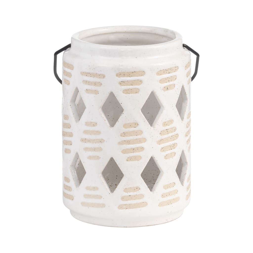 6" Ceramic Lantern Contemporary Ivory and Beige Diamond Cut-Out Creative Decorative Lantern with Handle for Indoor or