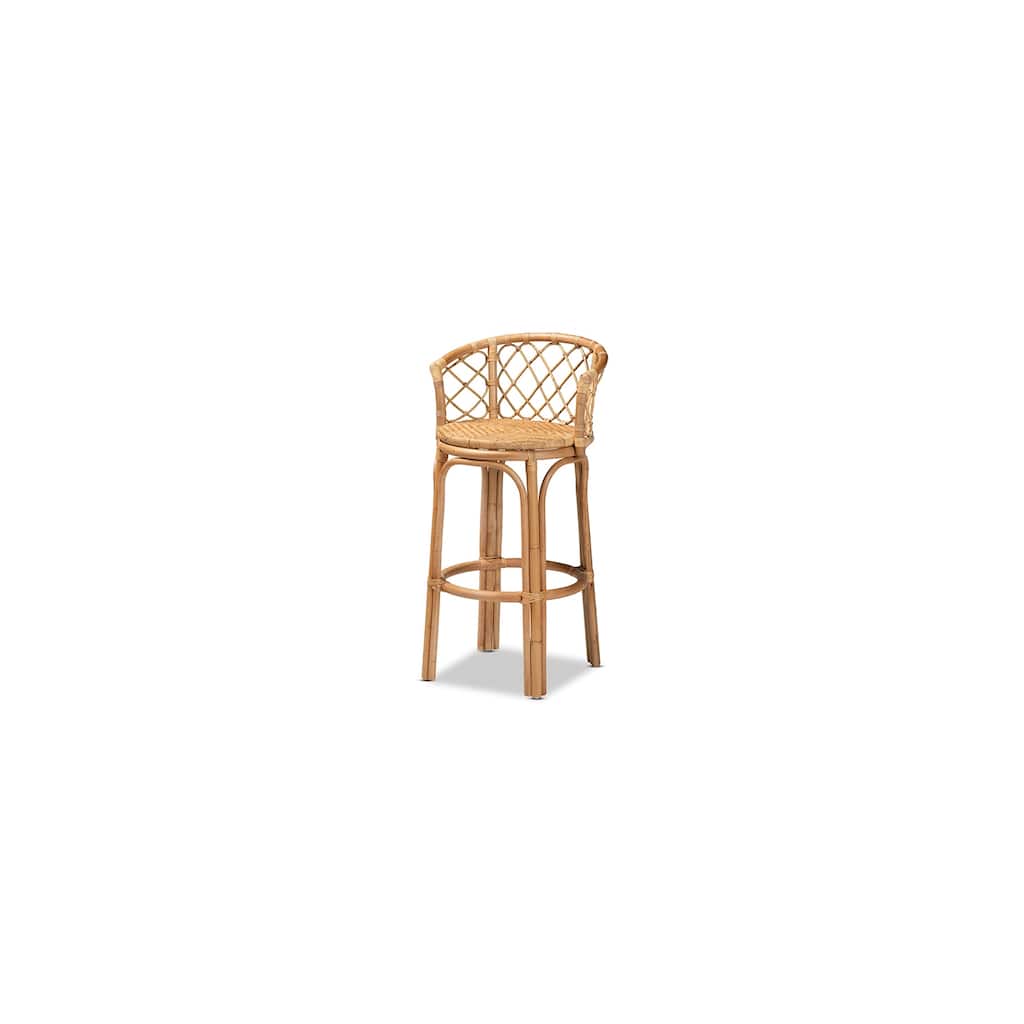 Bohemian Style Modern Rattan Bar Stool with Brown Finish, Footrest Support, Ergonomic Counter Height Seating