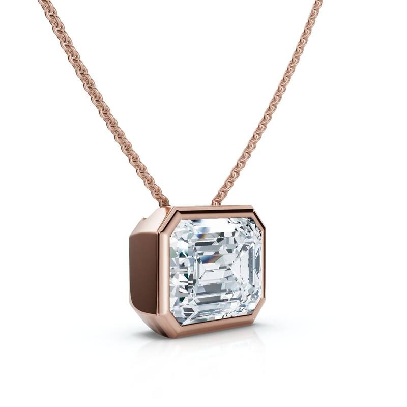 Bliss Diamond 2Ct Solitaire Bezel Emerald Diamond East West Pendant Gold Necklace Lab Grown - Rose