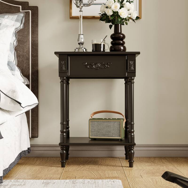 Vintage End Table with Drawer and Shelf, French Style Nightstand with Solid Wood Legs, White Accent Table