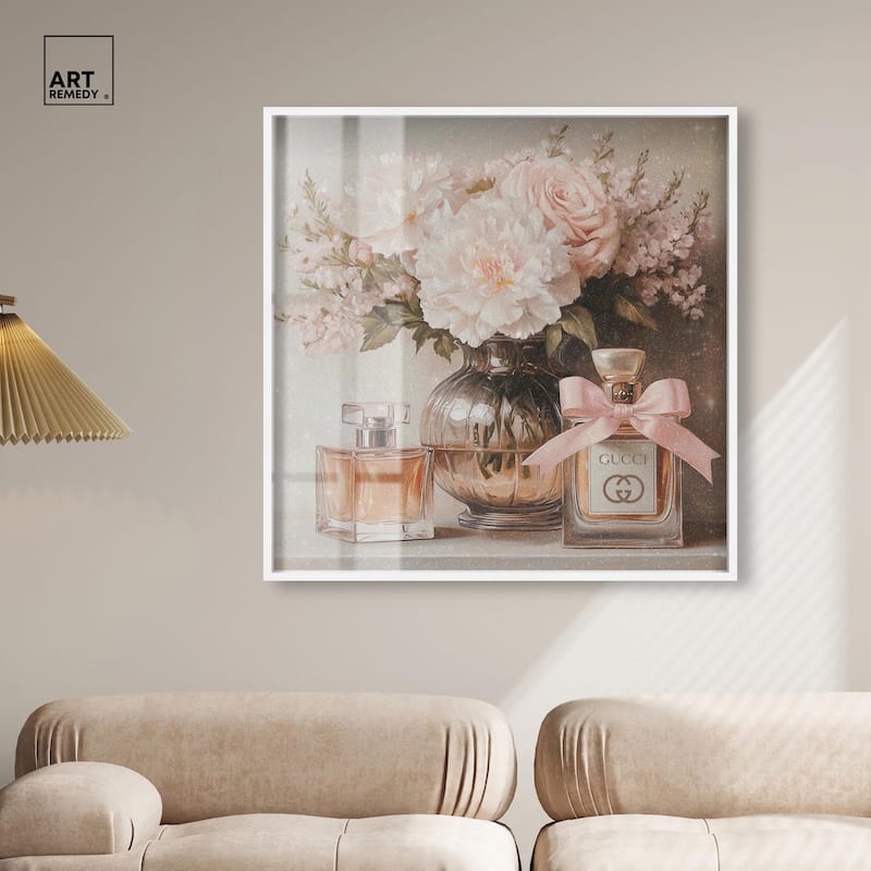 Peach Perfume Flowers in Vase Shadowbox by Art Remedy