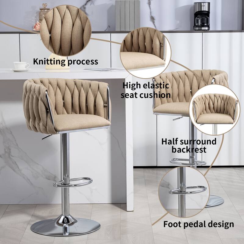 360° Swivel Fabric Cover Bar Stools Set of 2, Adjustable Height Bar Accent Chairs with Woven Back and Silver Chromed Base