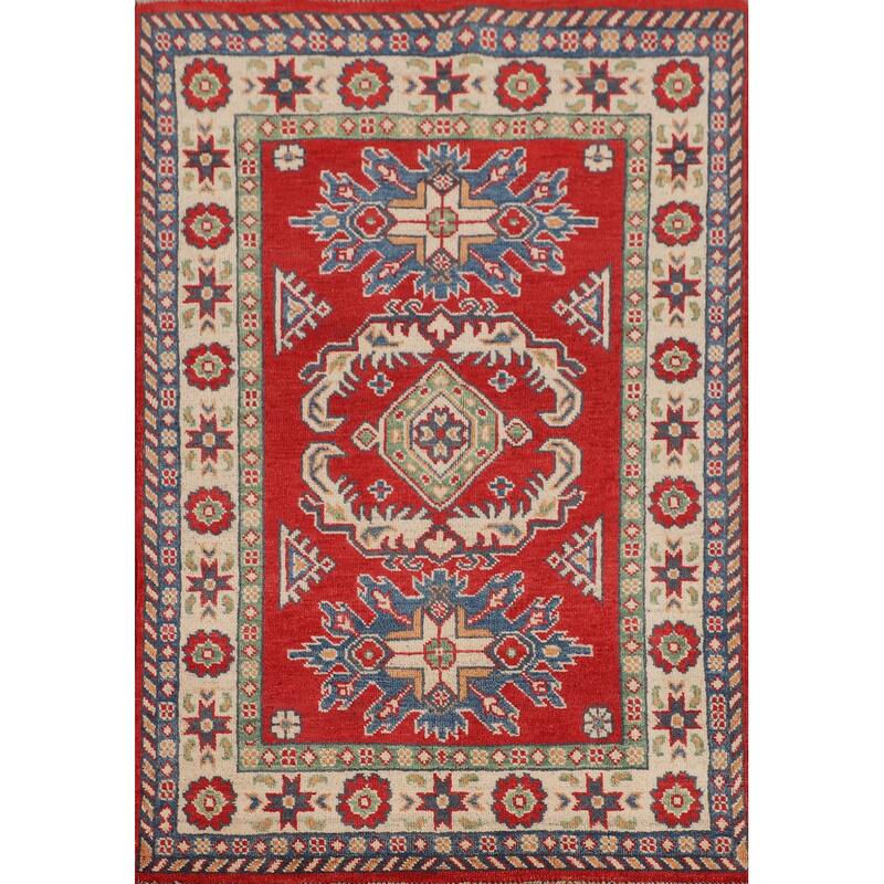 Geometric Red Kazak Foyer Rug Hand-Knotted Wool Carpet - 2'10" x 4'3"