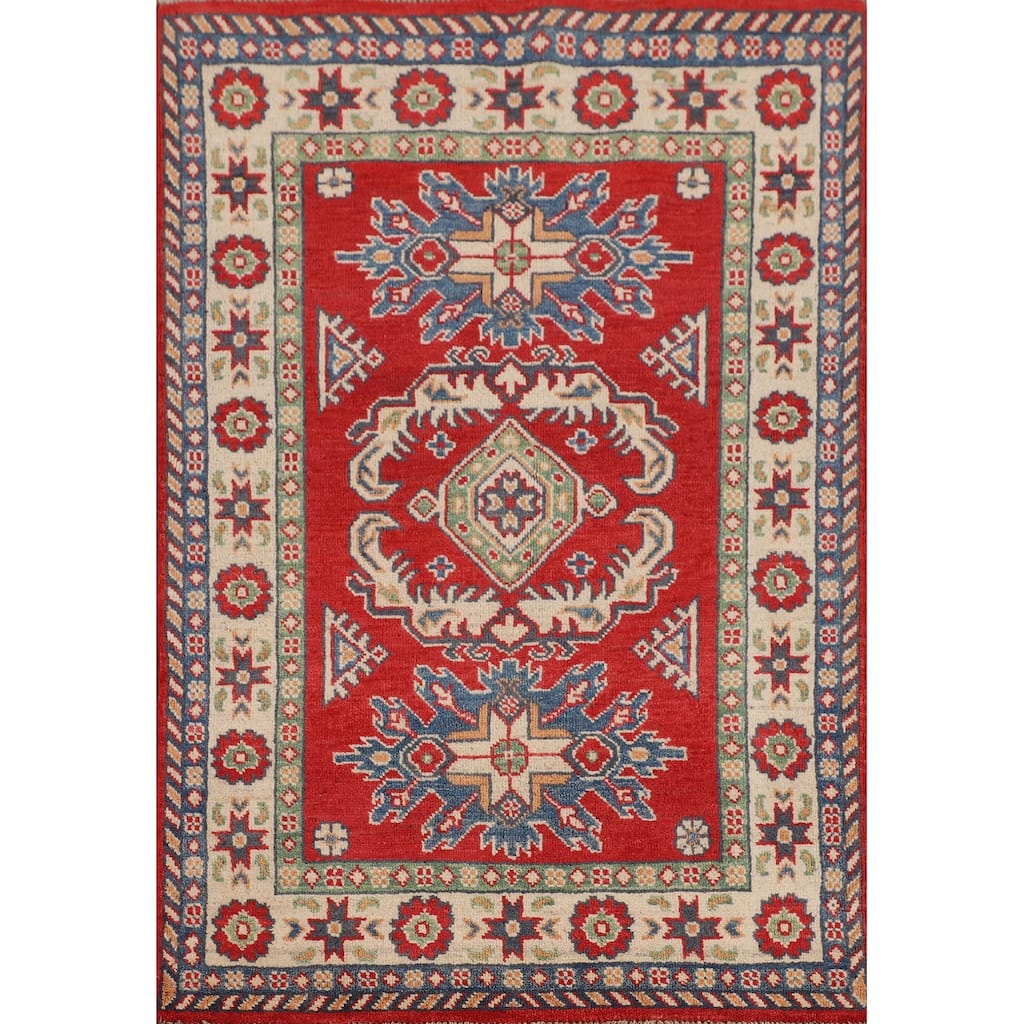 Geometric Red Kazak Foyer Rug Hand-Knotted Wool Carpet - 2'10" x 4'3"