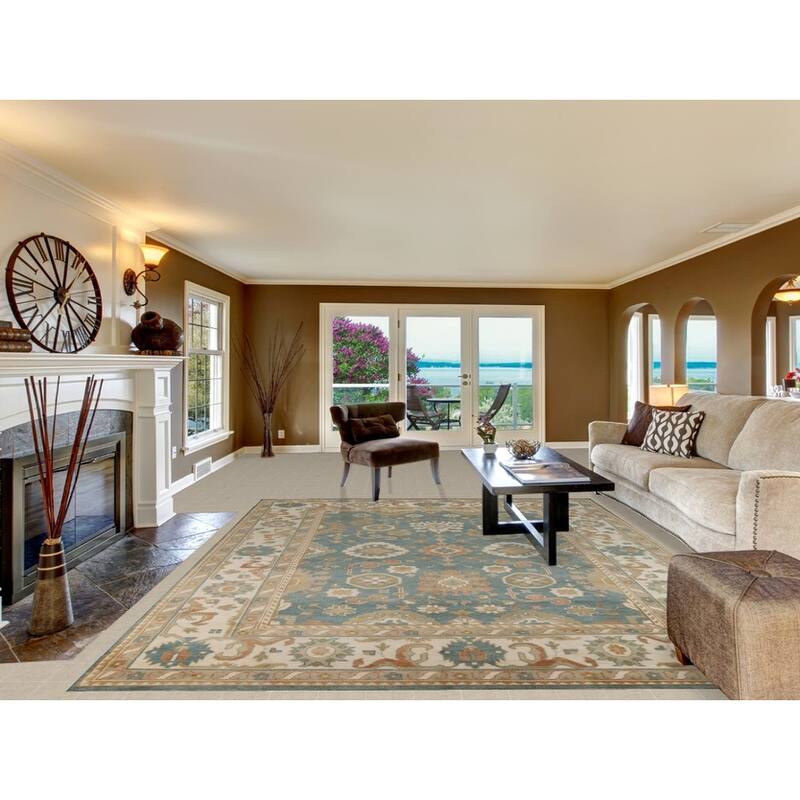 Floral Blue Oushak Style Area Rug Handmade Wool Carpet - 9'0" x 11'10"
