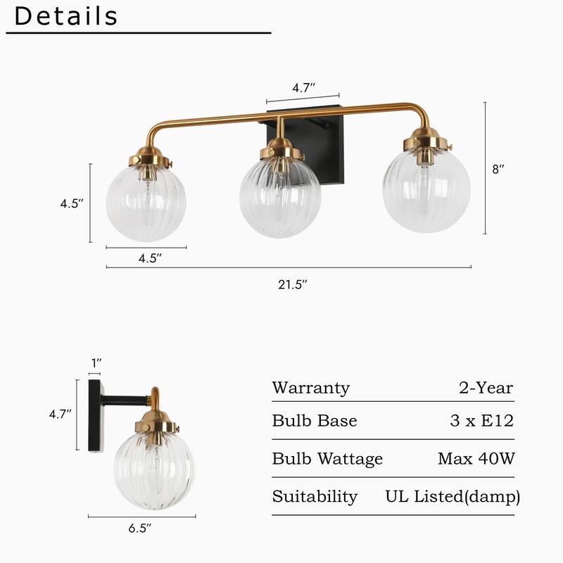 Modern Black Gold 3-Light Bathroom Vanity Light Wall Sconces with Ribbed Glass - L 21.5" x W 6.5" x H 8"