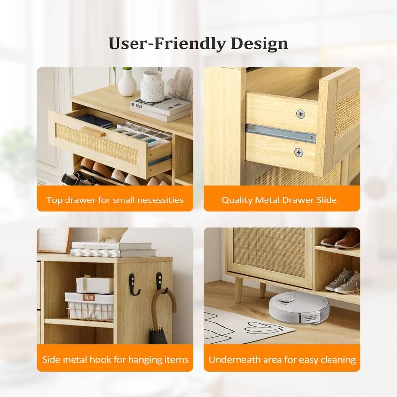 Rattan Hidden Shoe Cabinet with 2 Flip Drawers&1 Small Drawer& 5 Shelves