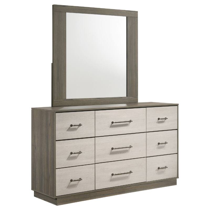 Fene Wide Dresser with Rectangle Mirror, 9 Drawers, Gray-Almond Wood