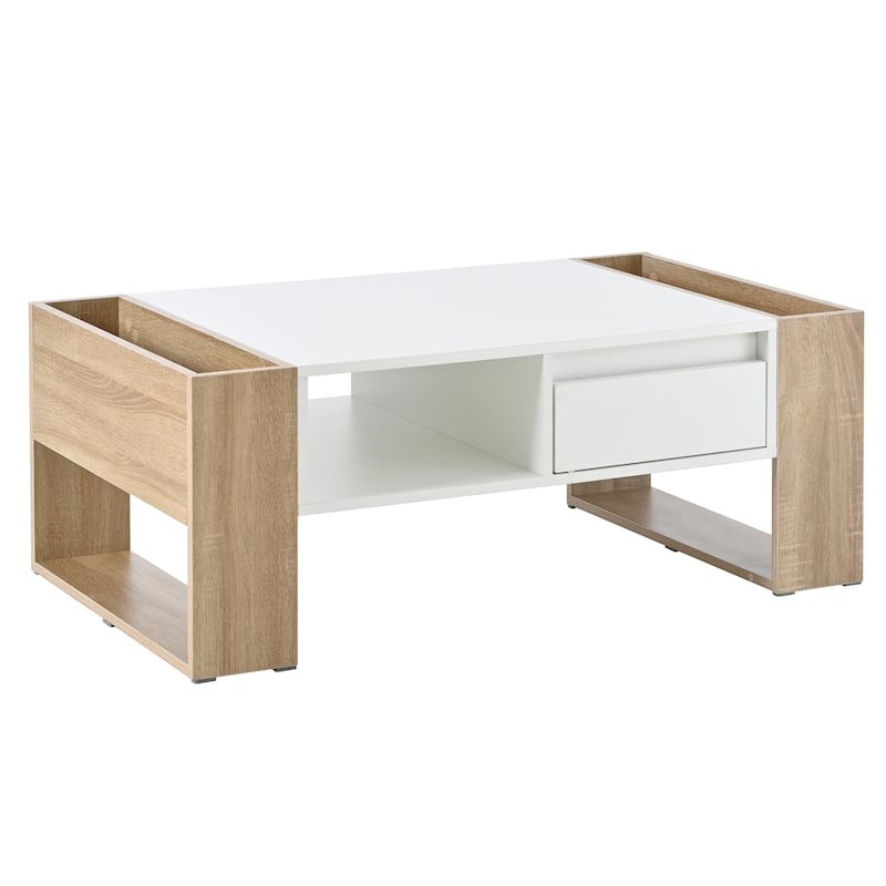 High Gloss Coffee Table with 2 Drawers and Hidden Storage, Two-Tone Center Table - 41.3" W × 23.6" D × 15.7" H - White+Natural