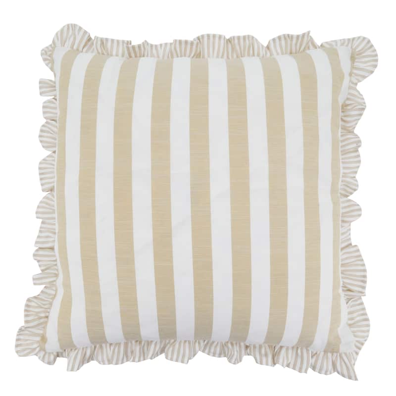 Striped Ruffle Edge Cotton-Blend Throw Pillow - Classic Cabana Stripe Design for Sofa, Bed & Accent Styling - 18"x18" - Feather Down - Natural