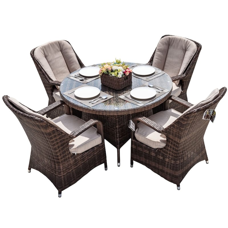 Outdoor 5-piece Aluminum Dining Set with Round Glass Table and 4 Wicker Chairs