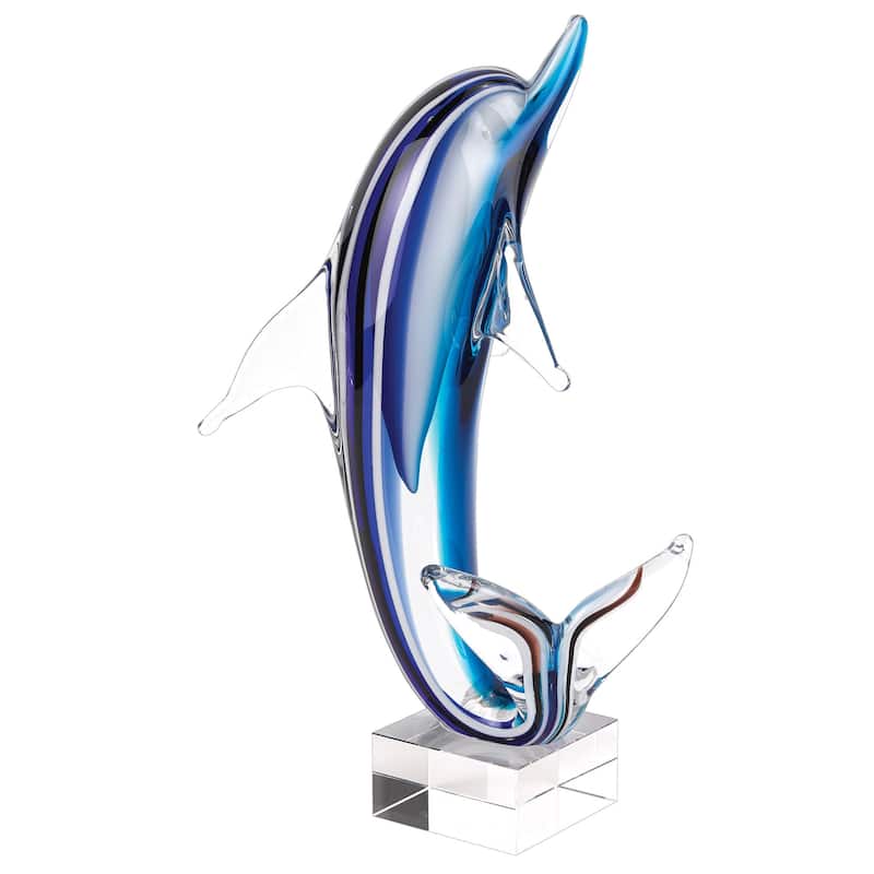 HomeRoots 14" Blue Murano Glass Dolphin Figurine Tabletop Sculpture - 8' X '14' X '9