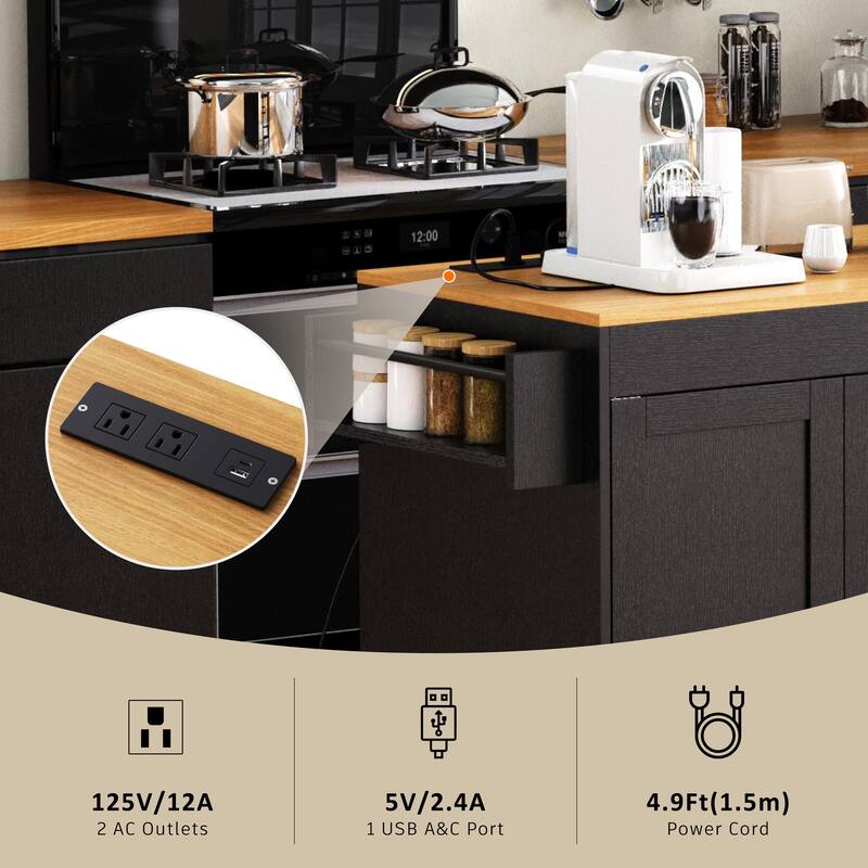 Roomfitters 74.8" Rolling Kitchen Island with Extendable Dining Table, Mobile Cart with Power Outlet, 3 Drawers & Racks