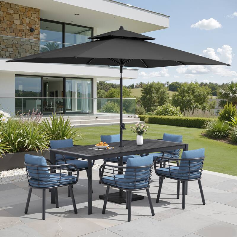 9/11-Piece Outdoor Patio Dining Set w/10 ft Umbrella and Base Aluminum Dining Table and Dining Chairs with Sunbrella Cushions