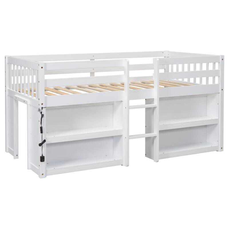 Twin Size Wood Low Loft Bed with Two-Tier Shelves and LED