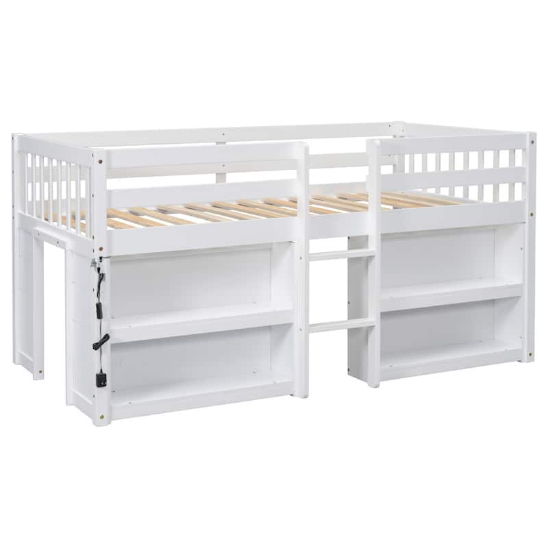 White Twin Size Wood Low Loft Bed with Two-Tier Shelves and LED