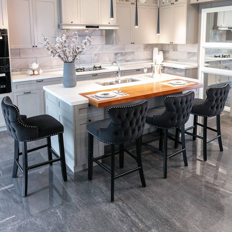 Contemporary Velvet Upholstered Wing-Back Barstools with Wooden Legs Leisure Style Bar Chairs,Bar stools, Set of 4 - Black