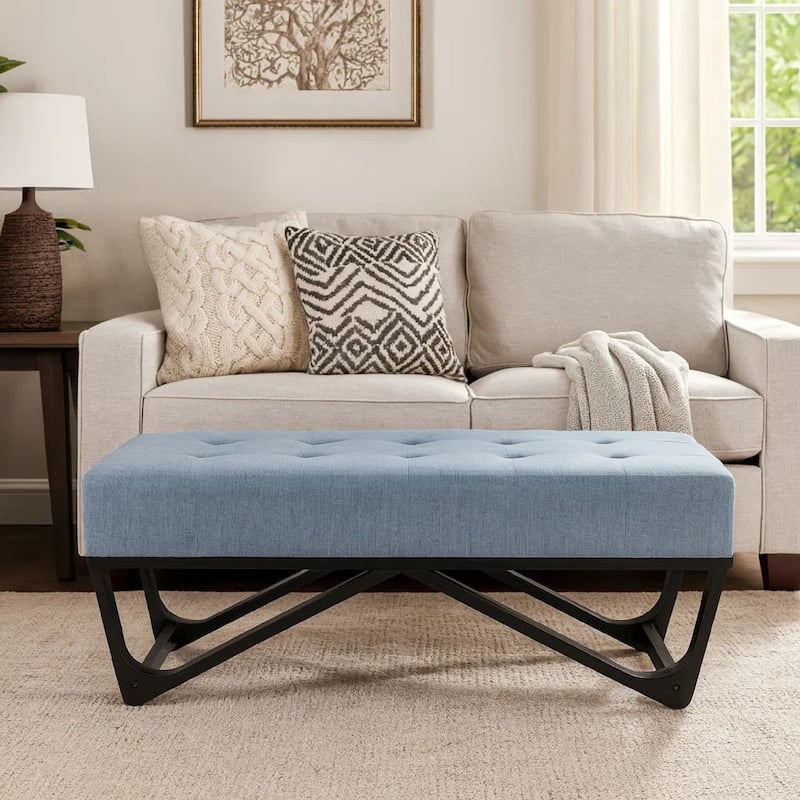 Liba Ottoman Bench, Button Tufted Light Blue Fabric, Black, 47 Inch
