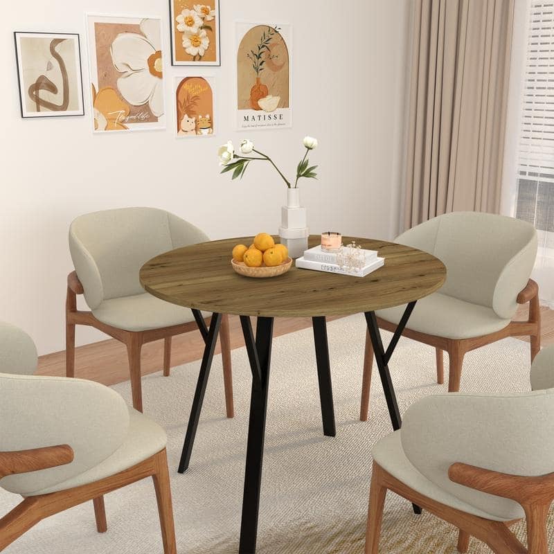 35.43 Inch Round Dining Table with Black Metal Legs, Brown Industrial Kitchen Table(only table)