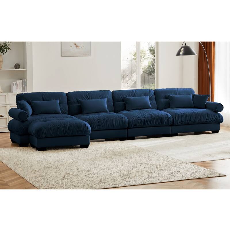 L-shaped Convertible Velvet Sectional Cloud Sofa with Ottoman & Pillows